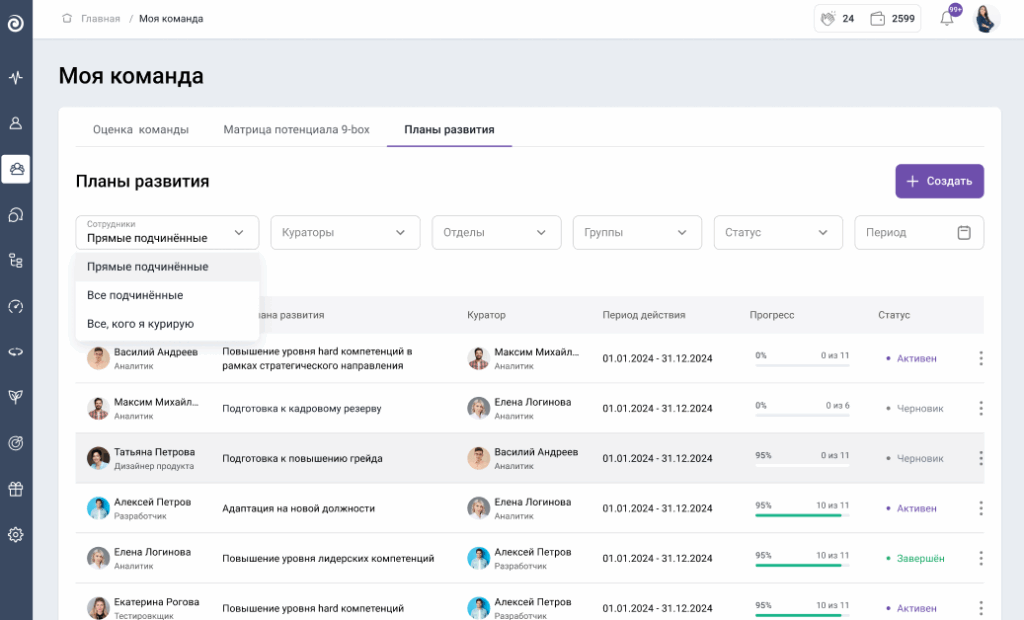 Следить за планами развития сотрудников на дашборде «Моя команда» также могут кураторы.